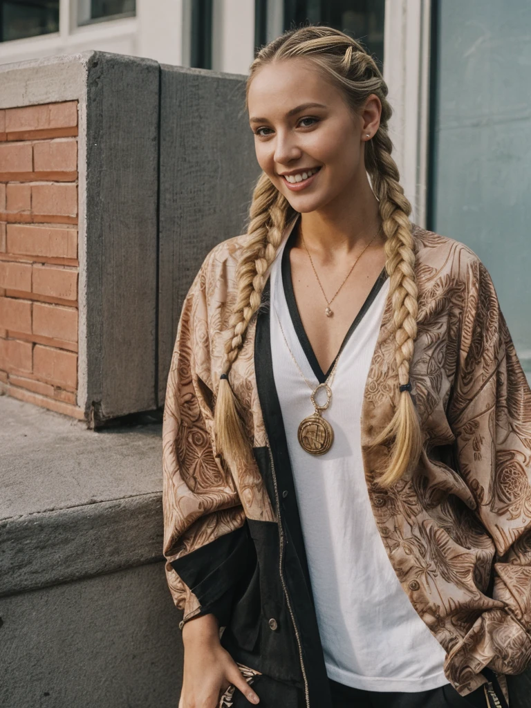 solo, realistic, photorealistic, natural lighting, (large forehead, (((Latvian woman))), (((Latvian nose))), (((Latvian eyes))), (((blonde))), (((braids))), (((Latvian face))), (((Latvian lips))), (((Latvian body))), (((fair complexion))) smiling, wearing Kimono Sleeve Dress, cleavage, pose: standing, background: This nightclub is a haven for streetwear and sneaker enthusiasts, with displays of limited-edition sneakers and streetwear collaborations. The atmosphere is urban and stylish, with graffiti art and industrial decor. The music is a mix of hip-hop, trap, and rap, and the club hosts fashion shows, sneaker swap events, and streetwear pop-up shops.