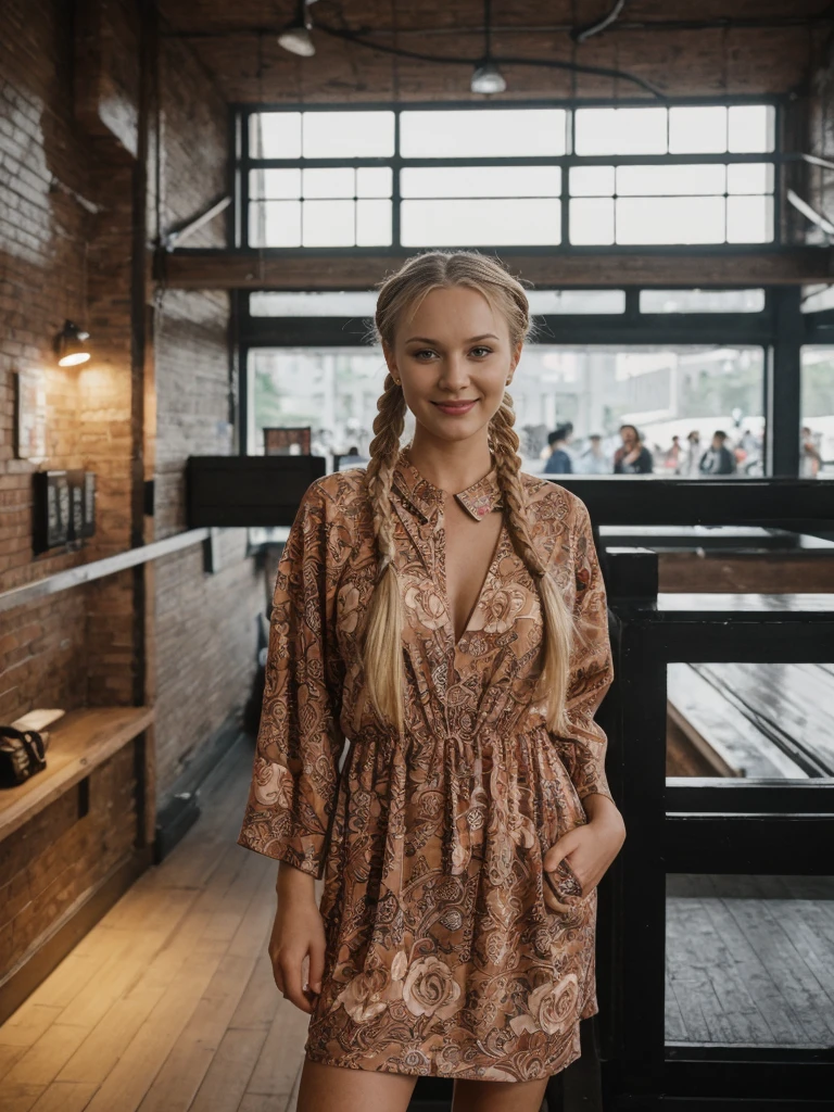 solo, realistic, photorealistic, natural lighting, (large forehead, (((Latvian woman))), (((Latvian nose))), (((Latvian eyes))), (((blonde))), (((braids))), (((Latvian face))), (((Latvian lips))), (((Latvian body))), (((fair complexion))) smiling, wearing Kimono Sleeve Dress, cleavage, pose: standing, background: This nightclub is a haven for streetwear and sneaker enthusiasts, with displays of limited-edition sneakers and streetwear collaborations. The atmosphere is urban and stylish, with graffiti art and industrial decor. The music is a mix of hip-hop, trap, and rap, and the club hosts fashion shows, sneaker swap events, and streetwear pop-up shops.
