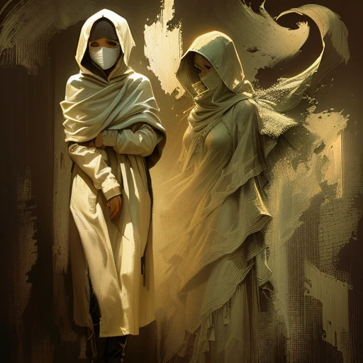there is a digital painting of a person wrapped in a blanket, cloaked woman, desolate. digital illustration, shrouded figure, in style of digital painting, style digital painting, digital painting”, baroque digital painting, art digital painting, hooded figure surreal, an expressive digital painting, sultry digital painting, hard light digital painting, ghost of a young girl