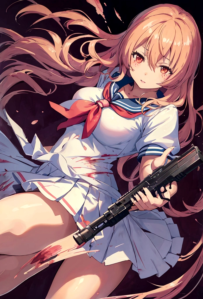 (masutepiece), (Best Quality), hight resolution, ultra-detailliert, photo realistic, 8K, 1girl, solo, extemely cute and beautiful, intricate face, detailed face, Narrow waist, athletic body, Detailed body, Beautiful, Dynamic Pose, 1girl, blonde hair, floating hair, covering with blood, blood, detailed face splattered with blood, detailed lips with blood stains, sailor suit, pleated skirt, (holding a weapon, holding an assault rifle, aiming: 1.2), gun, , carbine, open fire, firing, classroom,