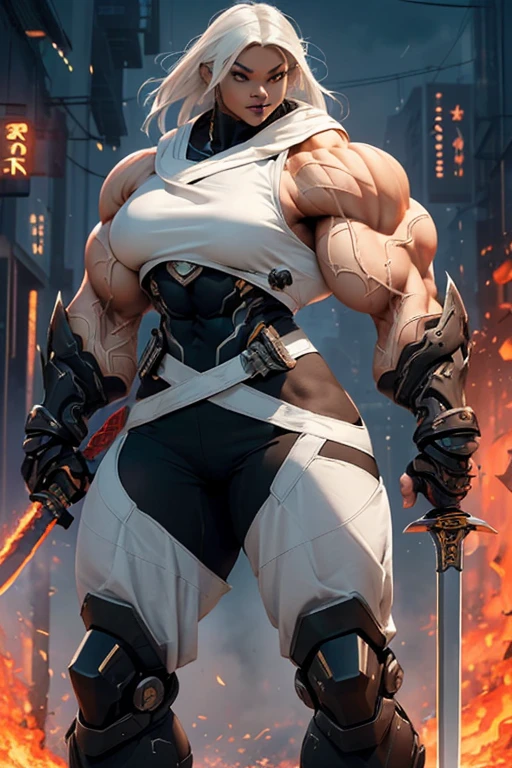 ((((Massive, beautiful, buff, muscular light brown skinned female ninja with white hair, black lipstick, ginormous bulky muscles, holding a white fire sword and wearing an a white cybernetic ninja armor with pants)))), {close view}, black eyeliner, massive muscles, large breast, massive biceps, hyper muscle triceps, (long straight hair), blue eyes, ninja boots, In a futuristic city, sleeveless, steel ninja armor, nighttime, closed smile, hyper muscles arms, hyper muscle legs, ginormous arms