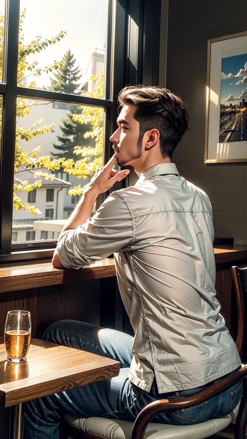 ((Artwork)),((best quality)),((high detail)), A man eating at a restaurant, sitting at a table near a window, ((viewed from behind)), enjoying a meal, casual clothes, looking outside, thoughtful posture, natural light coming through the window, photorealistic, elegant, 8k unity wallpaper, ultra detailed, beautiful and aesthetic, vivid colors, dynamic angle:1.4, bright skin, (floating colorful sparkles:1), the most beautiful form of tranquility