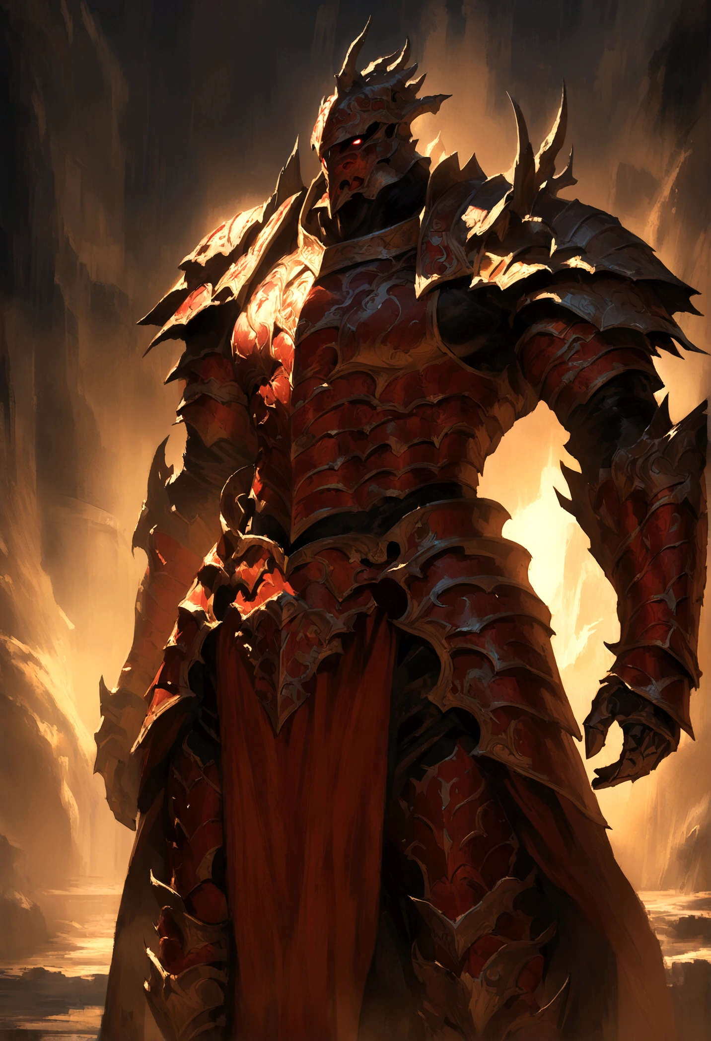 a man with armor inspired by the Shin gojira, dark fantasy, manhwa style, red details and blood, extremely detailed face and eyes, highly detailed armor, intricate and ornate armor design, muscular body, dramatic lighting, cinematic composition, moody and atmospheric, vibrant colors, painterly rendering, digital art, concept art