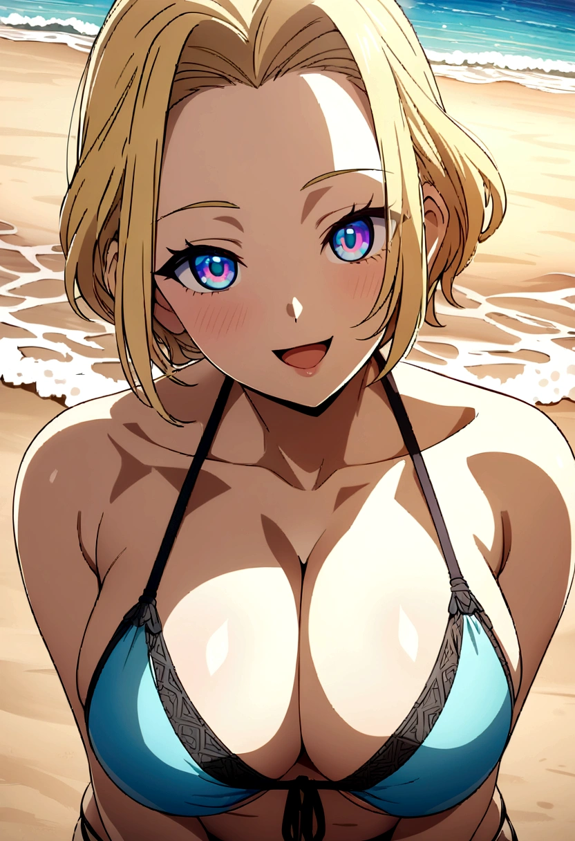 One Woman, Highest quality, masterpiece, Ultra HD, Highly detailed contours, Highly detailed face, Beautiful breasts, Cleavage, Highly detailed eyes, anime, Forehead visible, Blonde, short hair, bikini, Beach, smile, Open your mouth, Mature Woman, 