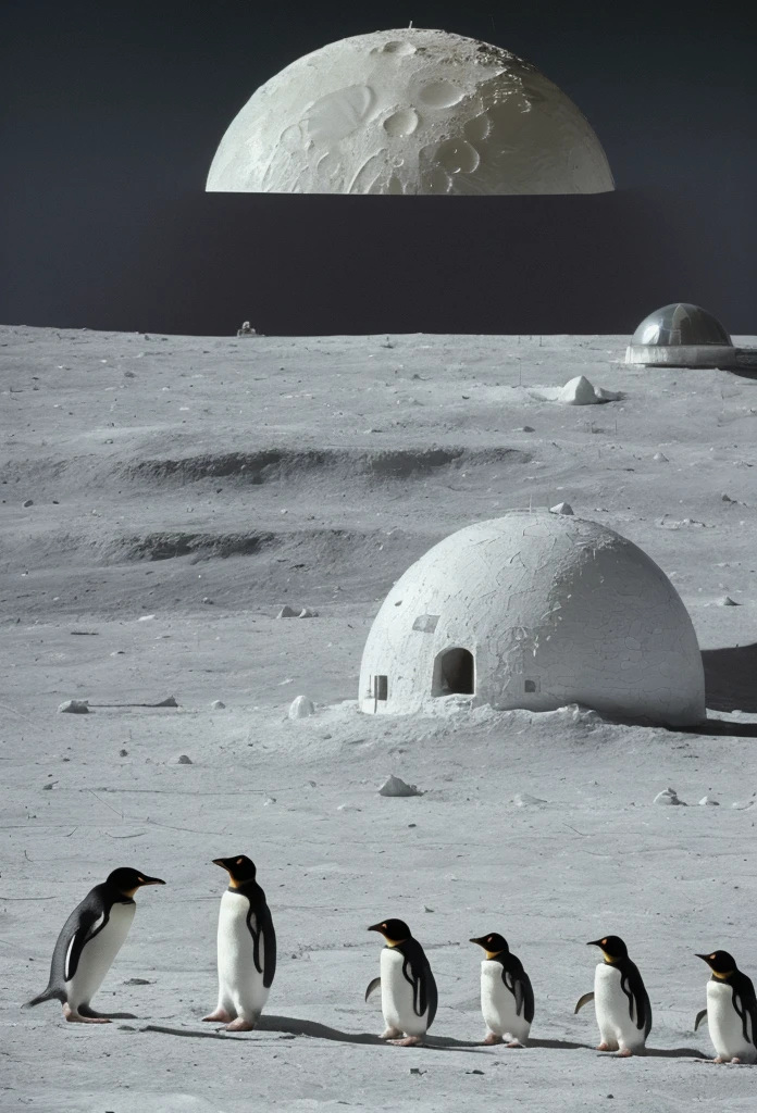 Penguins on moon, igloo in background