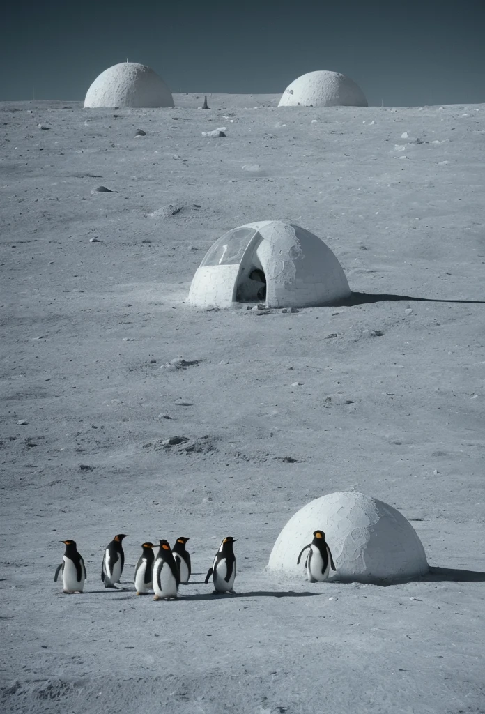 Penguins on moon, igloo in background