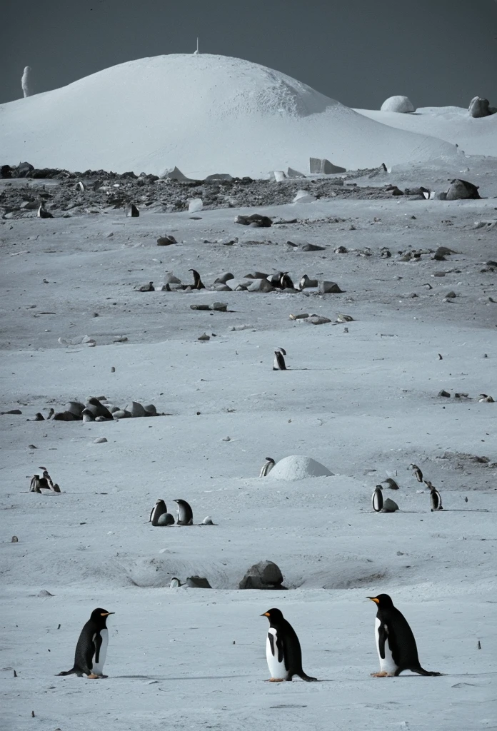 Penguins on moon, igloo in background