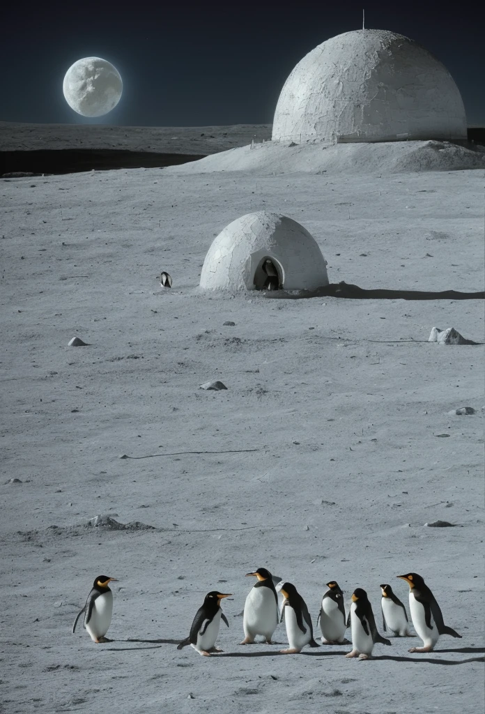 Penguins on moon, igloo in background