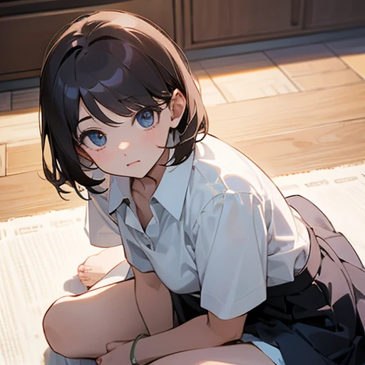 、Short sleeve white blouse、Open collar、skirt、Sitting on the floor、Composition from above