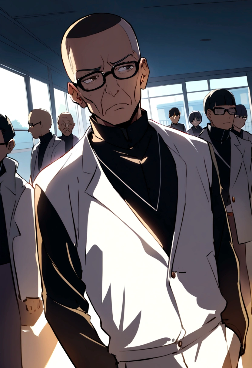 60 year old man with crew cut, brown eyes, black glasses, black high collar long sleeve shirt, white jacket, at school