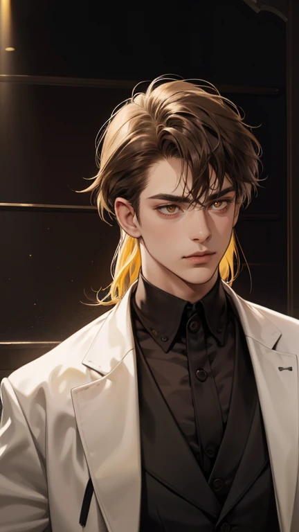 masterpiece, best quality, realistic, 1man, mature male, quiet and charming young man, 25 years old, close his eyes, serious look, extremely detailed face, ((yellow bright eyes)), ((dark black mullet messy hair)), bodyguard, ((Dressed in a suit), cinematic lighting, looking at the audience, posture dynamics, Victorian era, (very dark brown skin), ((very dark brown skin), (very dark brown skin)