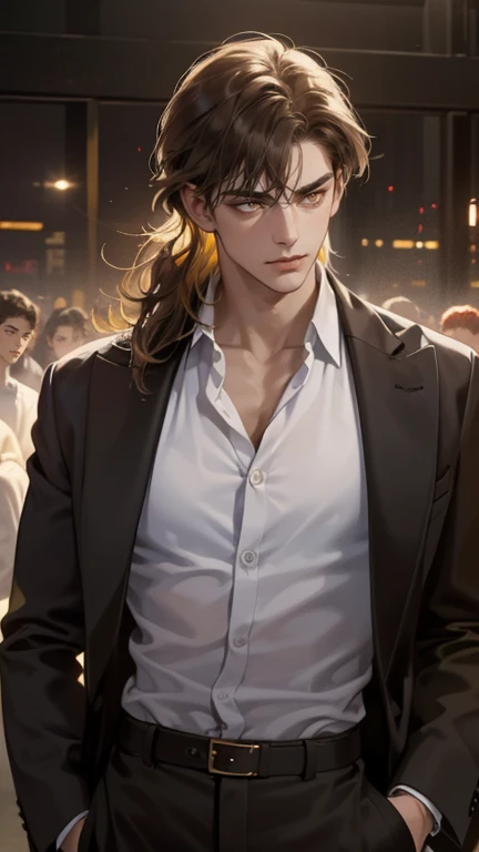 masterpiece, best quality, realistic, 1man, mature male, quiet and charming young man, 25 years old, close his eyes, serious look, extremely detailed face, ((yellow bright eyes)), ((dark black mullet messy hair)), bodyguard, ((Dressed in a suit), cinematic lighting, looking at the audience, posture dynamics, Victorian era, (very dark brown skin), ((very dark brown skin), (very dark brown skin)