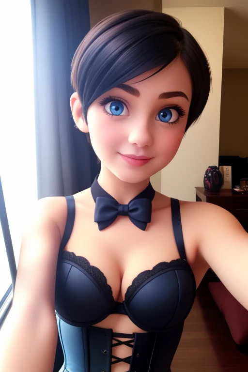 1 girl with short hair, Blue eyes , round face with adorable,both wearing tight black corset lingerie, taking selfie