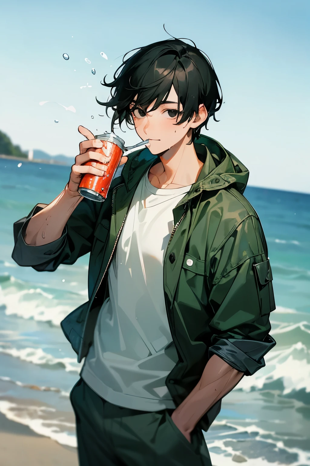 An adult man, short black hair, black eyes, wearing beach clothes, a green jacket, rolled up gray pants, posing while drinking (holding) a canned drink, with a beach background, a happy facial expression, his clothes slightly wet due to the sea waves, (the camera looks slightly blurry due to water splashes). 