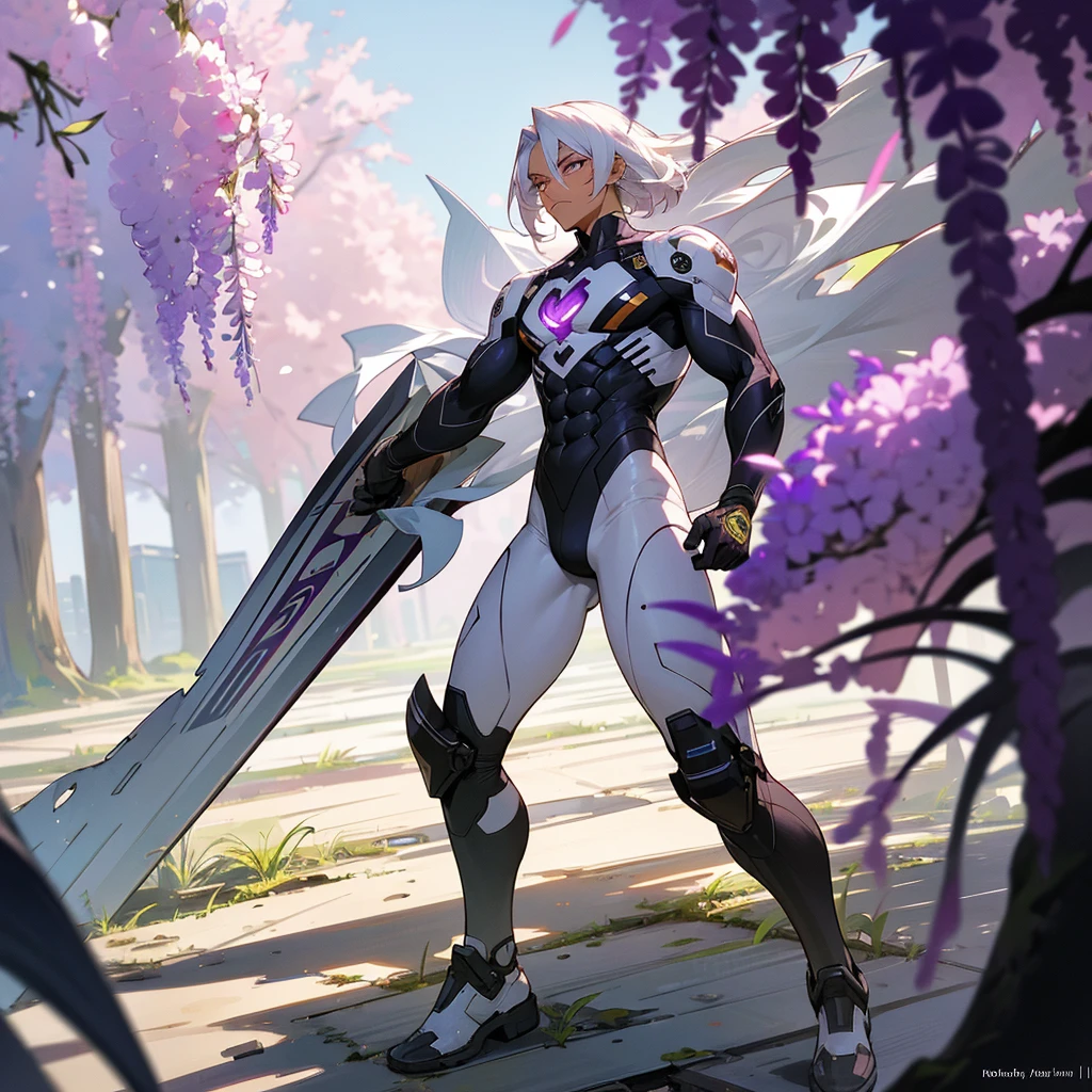 1male, young adult, dark skin, finely detailed plum eyes, wild medium hair, seashell white hair color, full body combat suit, standing on ruined building, day time, tokyo streets, somber expression, muscular, tattoos, wisteria flowers, scars