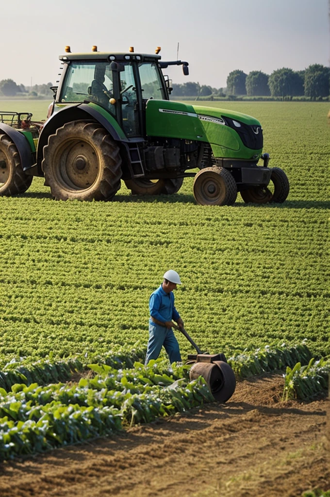 Farmer working in field with modern technology having many people with ancient technology and doing well as compression to Morden technology