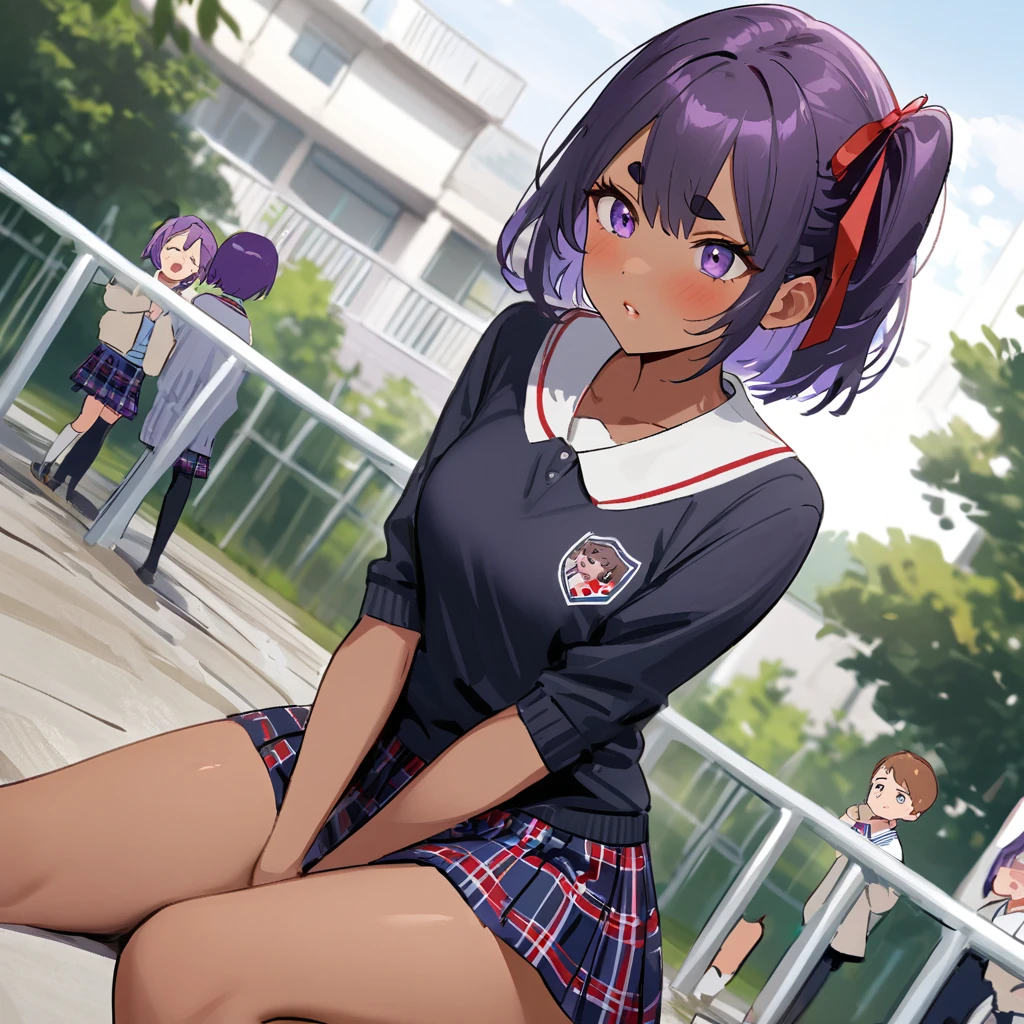 work of art, best qualityer, extremely detaild,dutch angle, アニメ,Suéter schoolyardr grande、plaid plaid skirt,skin tanned,15year old ,dark skin tiny body,smallbreast,baby face,hand between legs,break,multicolored dark purple hair,side ponytail,short hair with long highlights,break,Eyes red,thick eyebrow,unexpressive,Detailed lips,False eyelashes,break,red cotton ribbon,break,break,microskirt,break,schoolyard