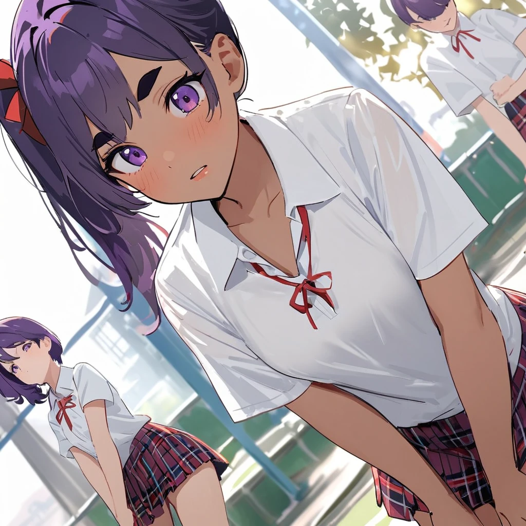 work of art, best qualityer, extremely detaild,dutch angle, アニメ,Suéter schoolyardr grande、plaid plaid skirt,skin tanned,15year old ,dark skin tiny body,smallbreast,baby face,hand between legs,break,multicolored dark purple hair,side ponytail,short hair with long highlights,break,Eyes red,thick eyebrow,unexpressive,Detailed lips,False eyelashes,break,red cotton ribbon,break,break,microskirt,break,schoolyard