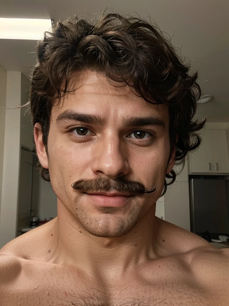 Handsome man , light mustache, hot muscular body , medium curly hair , selfie, quality like its taken by iPhone 12