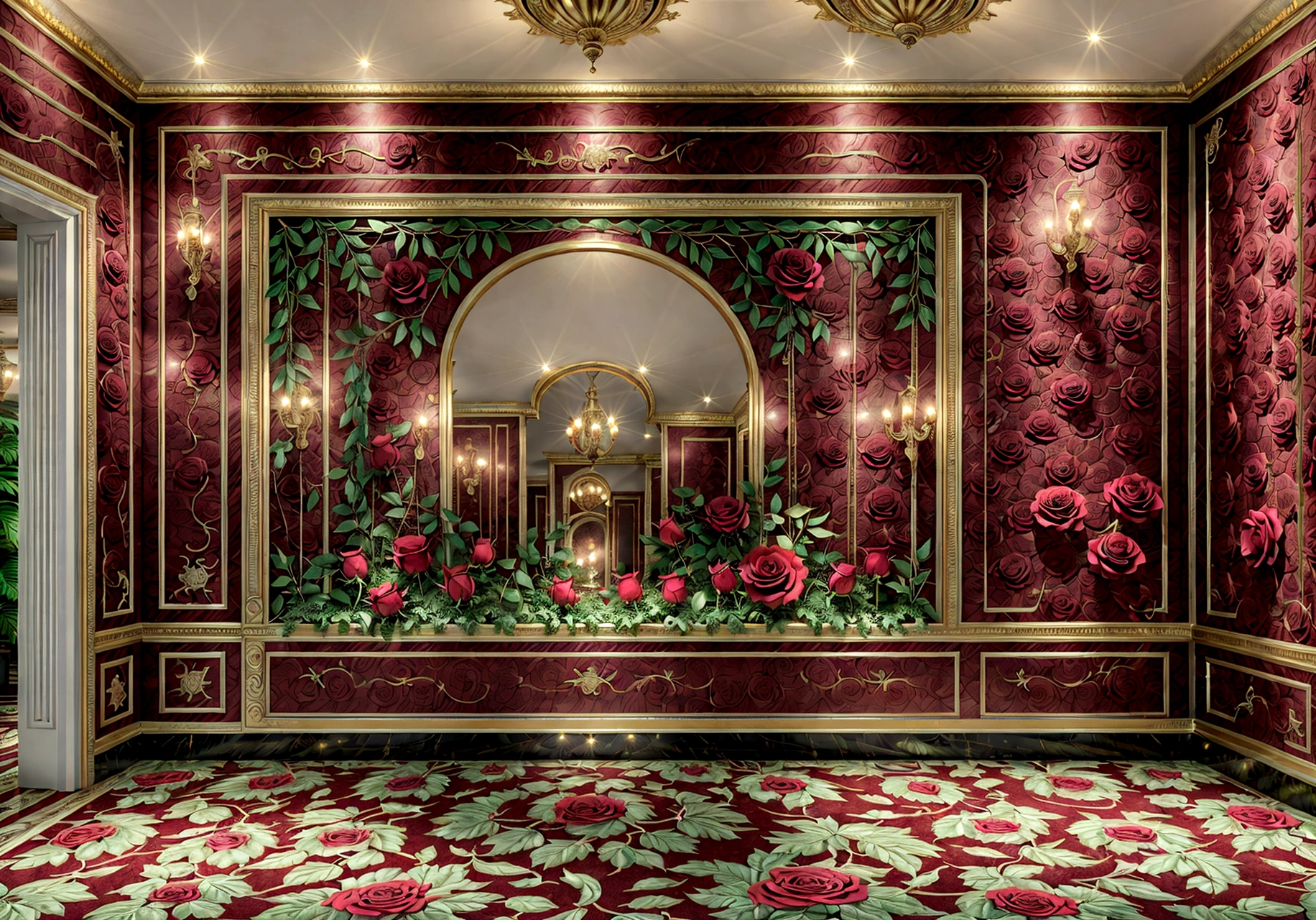 a luxurious interior, highly detailed wall decor lights, ornate cabinet, red roses, lush greenery, frontal view, eye-level perspective, wide panoramic shot, full frontal wall visible, hyperrealistic, cinematic lighting, 8K, best quality, extremely detailed, high resolution