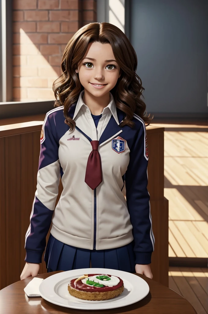 Captura de pantalla de my hero academia.
Chica con pelo largo y ondulado de color negro, piel morena clara y ojos color miel. has a happy expression. He is wearing the uniform and the background is the classroom 