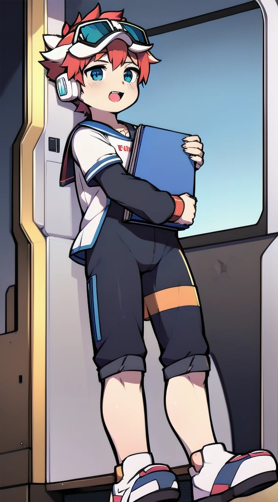 Two-dimensional boy,One-piece mountaineering suit,trumpet,Cow ears,Put the headphones on your head,stand up,goggles,sports shoes,Slim,Happy,Sailor collar