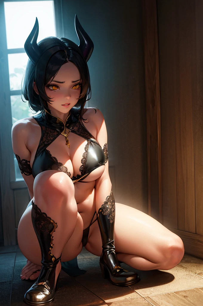A sexy demon girl with glowing yellow eyes crouching, wearing a tiny bikini, highly detailed, ultra-realistic, 8k, photorealistic, masterpiece, cinematic lighting, dramatic colors, chiaroscuro, dark fantasy, dramatic pose, intricate details