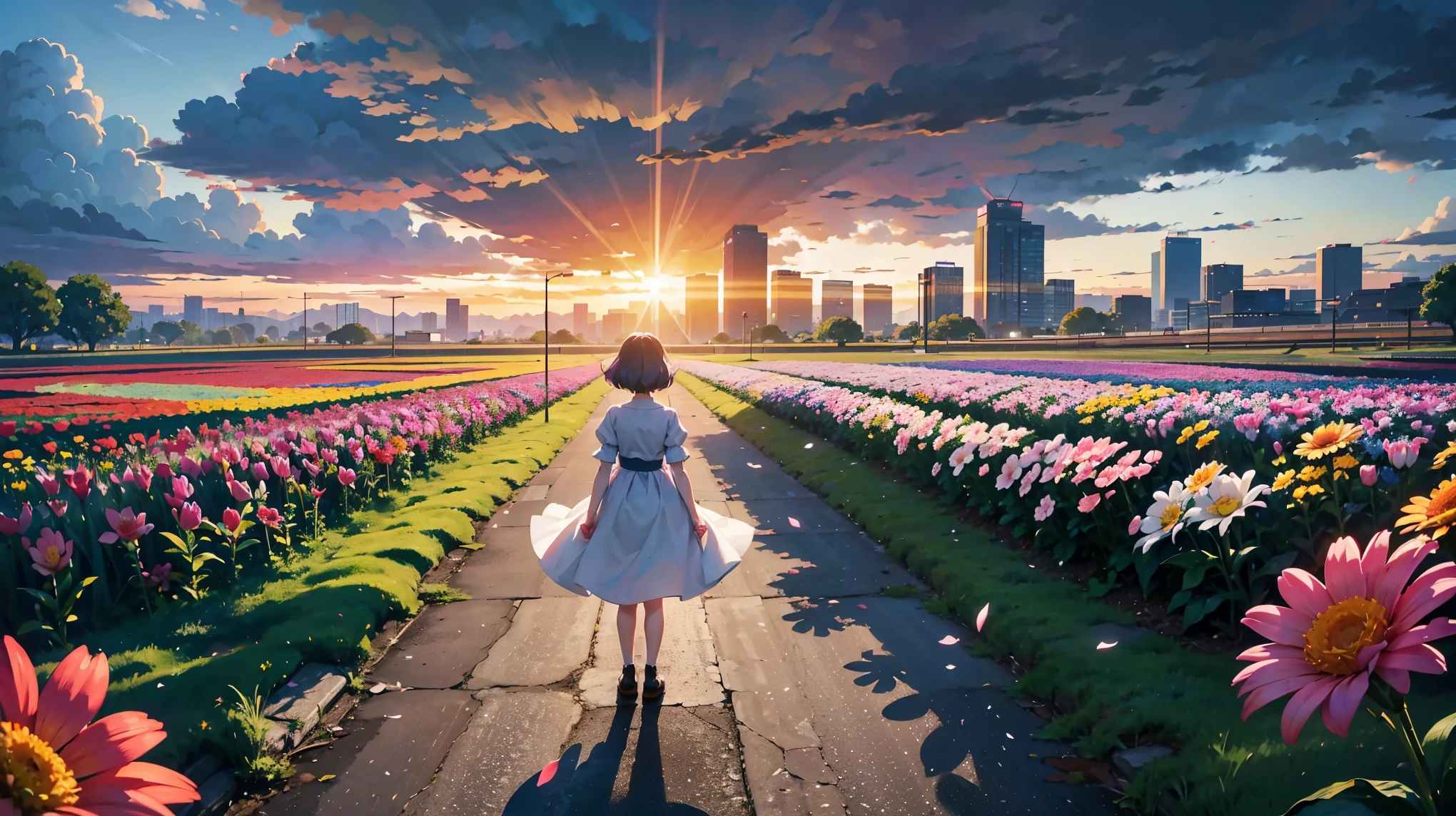 A vibrant flower blooms on the dirty ground of a large gray avenue. A crowd of gray, soulless people crosses the streets. A colorful , glowing with bright hues, stands protectively over the flower, protecting it with her little hands and determined eyes. Sunlight breaks through the dark clouds. Studio Ghibli style