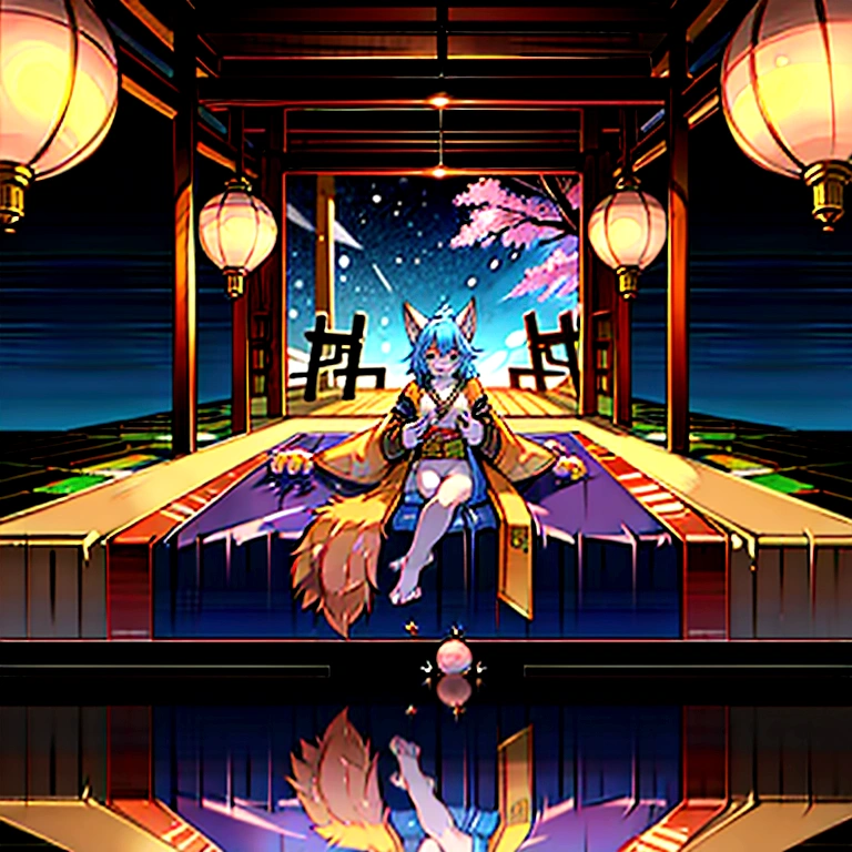 fox Light blue hair beast girl indigo fur fox beast girl fox Light blue hair beast girl indigo fur fox beast girl Wallpaper 4k,8k,highly detailled,,vivid colors,detailed kitsune with 9 tails,traditional Japanese artwork,tatami floor,beautiful cherry blossoms,floating lanterns,dark silhouette of a pagoda,subtle moonlight,dense forest,ethereal atmosphere,dappled sunlight,whimsical spirit,serene expression,elaborate kimono and obi,delicate hand-painted details,luminous eyes Anime Style fox blue White-faced golden-haired nine-tailed fox Coat blue mysterious background Blue Flame girl have a ball of light