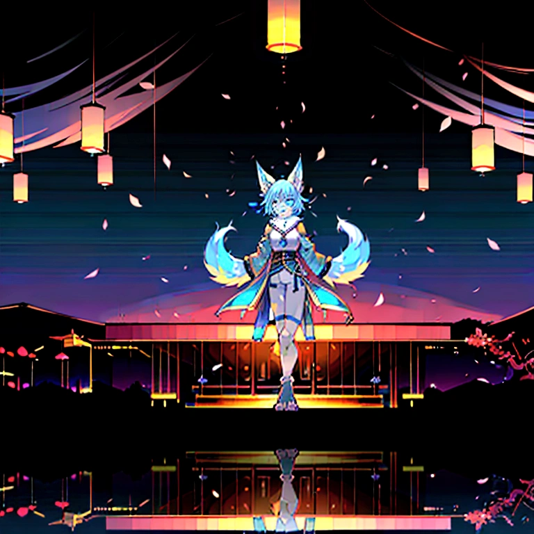 fox Light blue hair beast girl indigo fur fox beast girl fox Light blue hair beast girl indigo fur fox beast girl Wallpaper 4k,8k,highly detailled,,vivid colors,detailed kitsune with 9 tails,traditional Japanese artwork,tatami floor,beautiful cherry blossoms,floating lanterns,dark silhouette of a pagoda,subtle moonlight,dense forest,ethereal atmosphere,dappled sunlight,whimsical spirit,serene expression,elaborate kimono and obi,delicate hand-painted details,luminous eyes Anime Style fox blue White-faced golden-haired nine-tailed fox Coat blue mysterious background Blue Flame girl have a ball of light