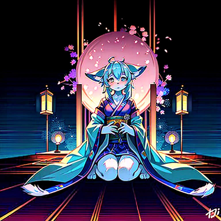 fox Light blue hair 　beast girl　indigo fur　fox beast girl　fox Light blue hair 　beast girl　indigo fur　fox beast girl　Wallpaper 4k,8k,highly detailled,,vivid colors,detailed kitsune with 9 tails,traditional Japanese artwork,tatami floor,beautiful cherry blossoms,floating lanterns,dark silhouette of a pagoda,subtle moonlight,dense forest,ethereal atmosphere,dappled sunlight,whimsical spirit,serene expression,elaborate kimono and obi,delicate hand-painted details,luminous eyes　Anime Style　fox　blue　White-faced golden-haired nine-tailed fox　Coat blue　　　mysterious background　Blue Flame　girl　have a ball of light 