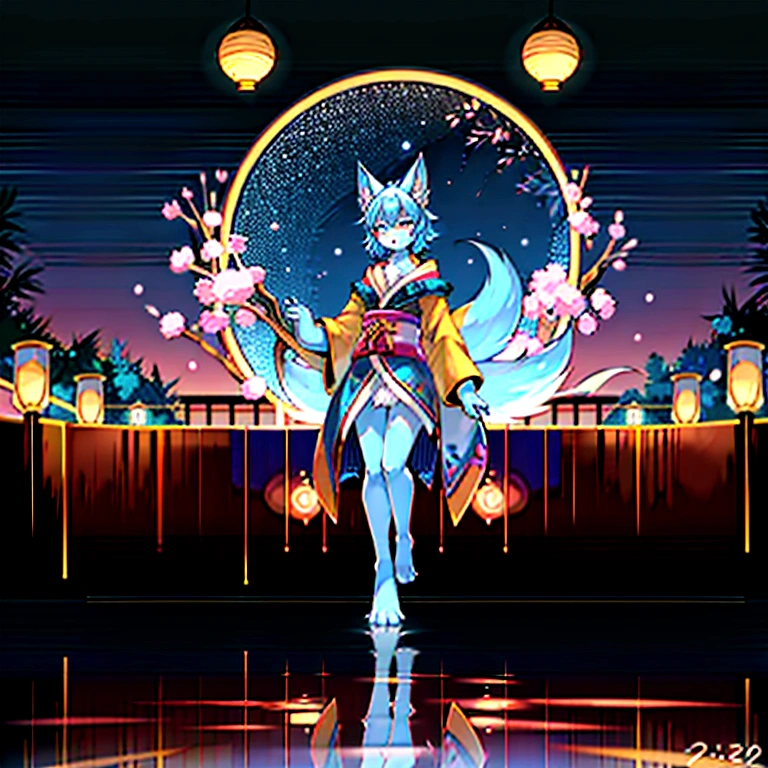 fox Light blue hair 　beast girl　indigo fur　fox beast girl　fox Light blue hair 　beast girl　indigo fur　fox beast girl　Wallpaper 4k,8k,highly detailled,,vivid colors,detailed kitsune with 9 tails,traditional Japanese artwork,tatami floor,beautiful cherry blossoms,floating lanterns,dark silhouette of a pagoda,subtle moonlight,dense forest,ethereal atmosphere,dappled sunlight,whimsical spirit,serene expression,elaborate kimono and obi,delicate hand-painted details,luminous eyes　Anime Style　fox　blue　White-faced golden-haired nine-tailed fox　Coat blue　　　mysterious background　Blue Flame　girl　have a ball of light 