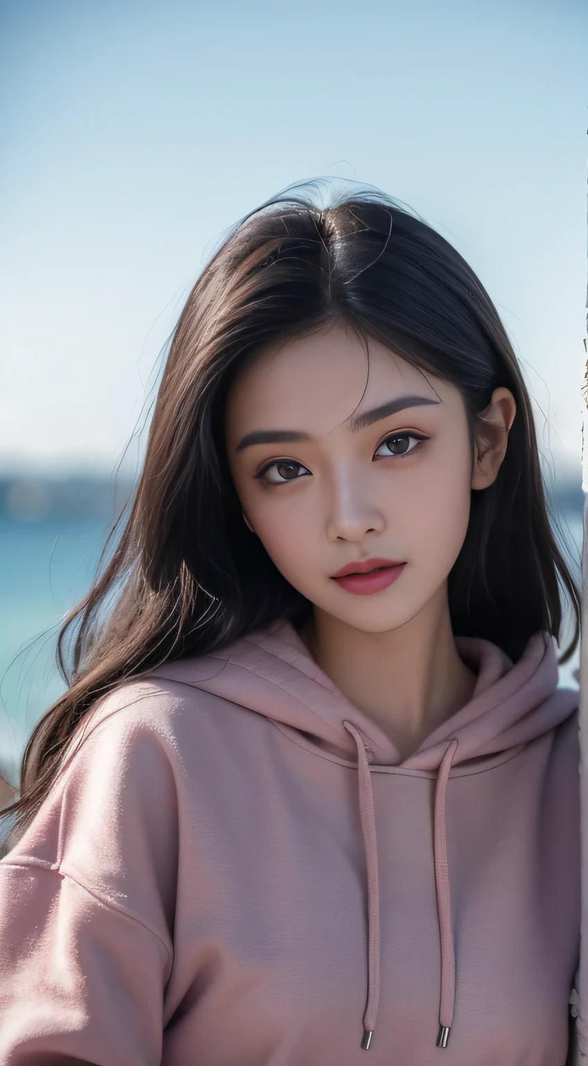 hair bobbles, wince, longeyelashes, solid circle eyes, light smile, ear blush, fang, ccurate, Surrealism, drop shadow, anaglyph, stereogram, tachi-e, pov, atmospheric perspective, 8k, super detail, best quality, best quality, high details, anatomically correct, UHD, retina, high quality, highres, textured skin, masterpiece, accurate, super detail, award winning，A man in a hoodie、Arav woman with long black hair posing for a photo, Ulzan, Larissa Manobar, Sakimichan, Watch Stream 666, tzuyu from times, Blackpink&#39;s Larissa Manoban, Inspired by Ma Yuanyu, Use your index finger, Lee Ji-eun plays the super villain