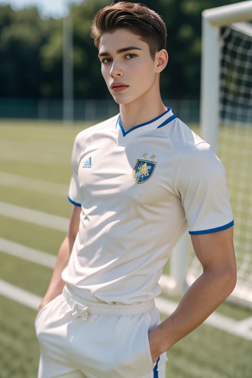 high school soccer player, wearing a soccer uniform, white and gold uniform, looking at the camera, handsome boy, attractive boy, symmetry, focus on the boy, model pose, slim and strong, beauty, biceps, artistic portrait, artistic photo, pose, pale skin, caucasian boy, geek model, top model, european boy, euroboy, show biceps, sport boy, full body, 1boy, solo, top model, pose, perfect body, tight, sweat, RAW, film grain