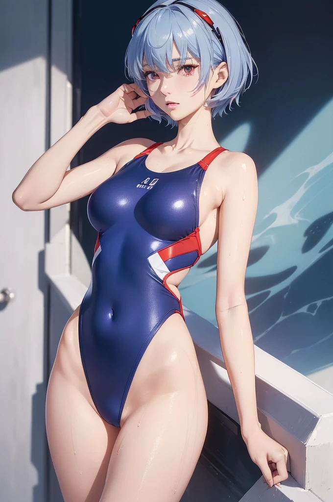 (masterpiece, Highest quality, Super detailed, 8K, wallpaper, Realistic), ((Perfect hands)), ((Perfect Anatomy)), Medium cleavage, Long, round legs, Round ass, ((Attractive anime girl)), ((Rei Ayanami)), ((Capturing her ethereal beauty with pale wet skin, Wet short indigo hair)), ((Bright crimson eyes with a mysterious depth)), ((Pale blue or white one-piece swimsuit, Swimwear should be simple and elegant, With a high neckline and a discreet yet flattering cut, NERV logo and、Evangelion-themed designs, etc.、Subtle details can be incorporated as accents, To pay tribute to her character)), ((Close-up shot, Side view)), ((Dynamic Background)), ((Sensual pose))