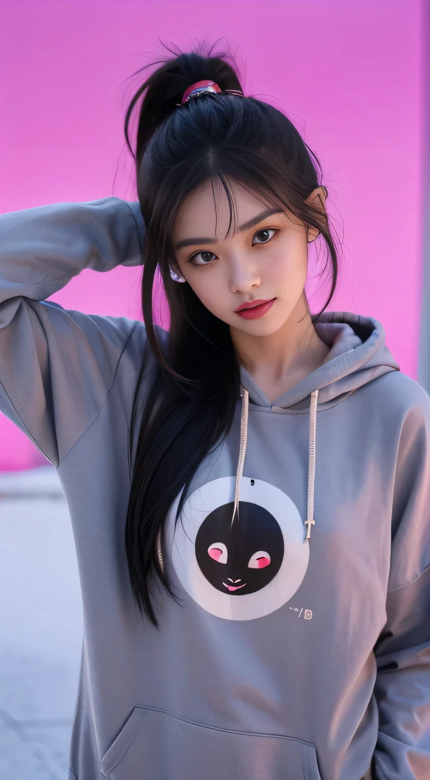 hair bobbles, wince, longeyelashes, solid circle eyes, light smile, ear blush, fang, ccurate, Surrealism, drop shadow, anaglyph, stereogram, tachi-e, pov, atmospheric perspective, 8k, super detail, best quality, best quality, high details, anatomically correct, UHD, retina, high quality, highres, textured skin, masterpiece, accurate, super detail, award winning,A man in a hoodie、Arav woman with long black hair posing for a photo, Ulzan, Larissa Manobar, Sakimichan, Watch Stream 666, tzuyu from times, Blackpink's Larissa Manoban, Inspired by Ma Yuanyu, Use your index finger, Lee Ji-eun plays the super villain