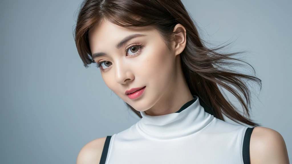 (detailed face),VIVID,normal breasts,pretty,sleeveless and turtle neck white silky clothes,4k ,super high resolution ,(photo-realistic: 1.7),white background,long hair,BAUHAUS,