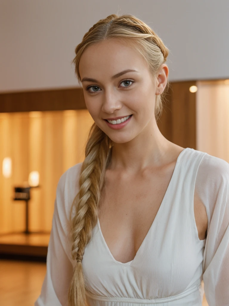 solo, realistic, photorealistic, natural lighting, (large forehead, (((Latvian woman))), (((Latvian nose))), (((Latvian eyes))), (((blonde))), (((braids))), (((Latvian face))), (((Latvian lips))), (((Latvian body))), (((fair complexion))) smiling, wearing Kimono Sleeve Dress, cleavage, pose: standing, background: A high-tech nightclub where guests can interact with cutting-edge technology, such as touch-sensitive dance floors, motion-activated light installations, and AI-generated music. The decor is sleek and modern, with minimalist furniture and LED lighting. The club offers tech demos, VR experiences, and digital art displays, making it a hotspot for tech enthusiasts.