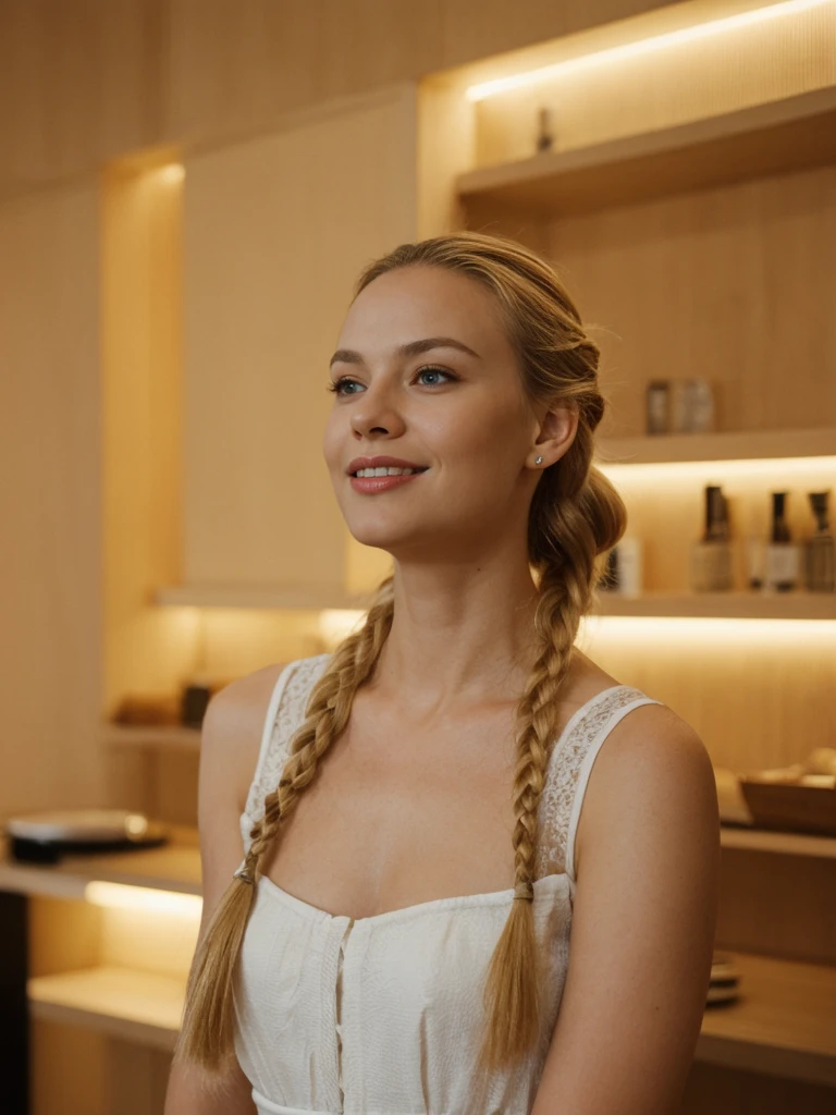 solo, realistic, photorealistic, natural lighting, (large forehead, (((Latvian woman))), (((Latvian nose))), (((Latvian eyes))), (((blonde))), (((braids))), (((Latvian face))), (((Latvian lips))), (((Latvian body))), (((fair complexion))) smiling, wearing Kimono Sleeve Dress, cleavage, pose: standing, background: A high-tech nightclub where guests can interact with cutting-edge technology, such as touch-sensitive dance floors, motion-activated light installations, and AI-generated music. The decor is sleek and modern, with minimalist furniture and LED lighting. The club offers tech demos, VR experiences, and digital art displays, making it a hotspot for tech enthusiasts.