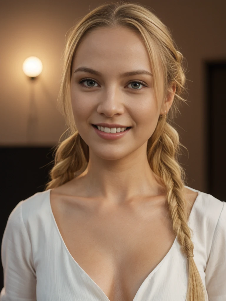 solo, realistic, photorealistic, natural lighting, (large forehead, (((Latvian woman))), (((Latvian nose))), (((Latvian eyes))), (((blonde))), (((braids))), (((Latvian face))), (((Latvian lips))), (((Latvian body))), (((fair complexion))) smiling, wearing Kimono Sleeve Dress, cleavage, pose: standing, background: A high-tech nightclub where guests can interact with cutting-edge technology, such as touch-sensitive dance floors, motion-activated light installations, and AI-generated music. The decor is sleek and modern, with minimalist furniture and LED lighting. The club offers tech demos, VR experiences, and digital art displays, making it a hotspot for tech enthusiasts.