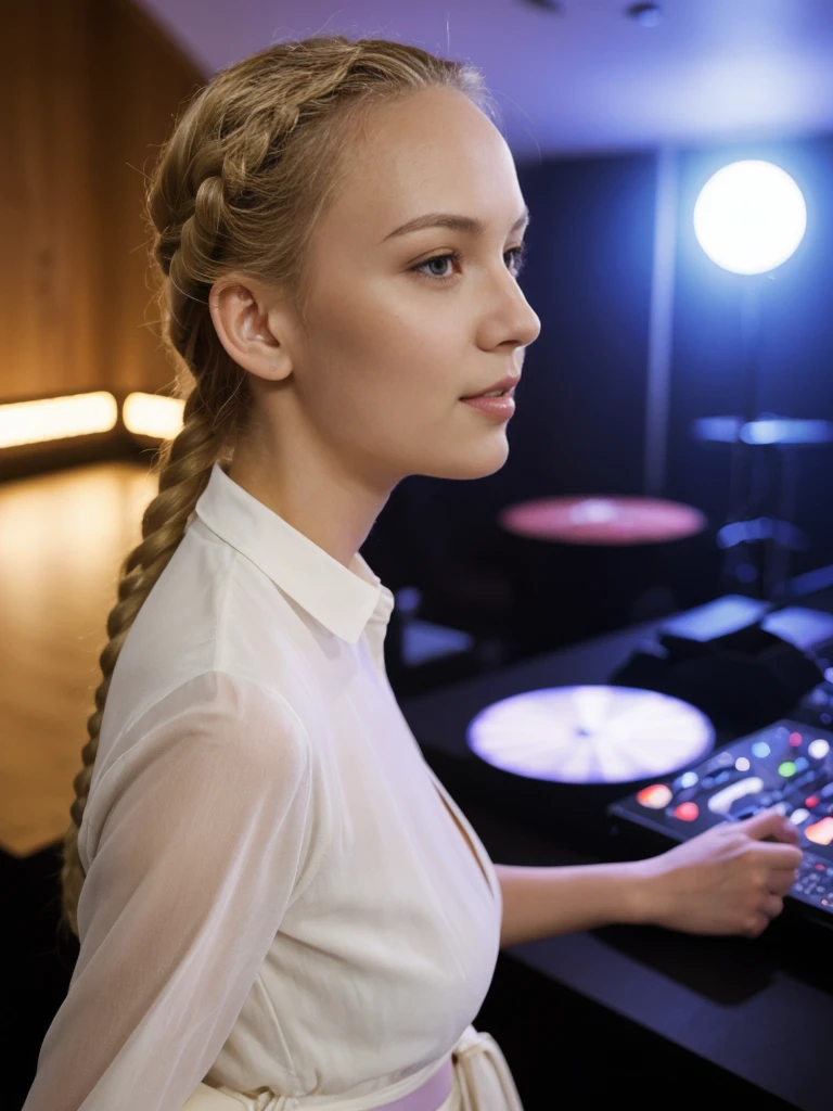 solo, realistic, photorealistic, natural lighting, (large forehead, (((Latvian woman))), (((Latvian nose))), (((Latvian eyes))), (((blonde))), (((braids))), (((Latvian face))), (((Latvian lips))), (((Latvian body))), (((fair complexion))) smiling, wearing Kimono Sleeve Dress, cleavage, pose: standing, background: A high-tech nightclub where guests can interact with cutting-edge technology, such as touch-sensitive dance floors, motion-activated light installations, and AI-generated music. The decor is sleek and modern, with minimalist furniture and LED lighting. The club offers tech demos, VR experiences, and digital art displays, making it a hotspot for tech enthusiasts.