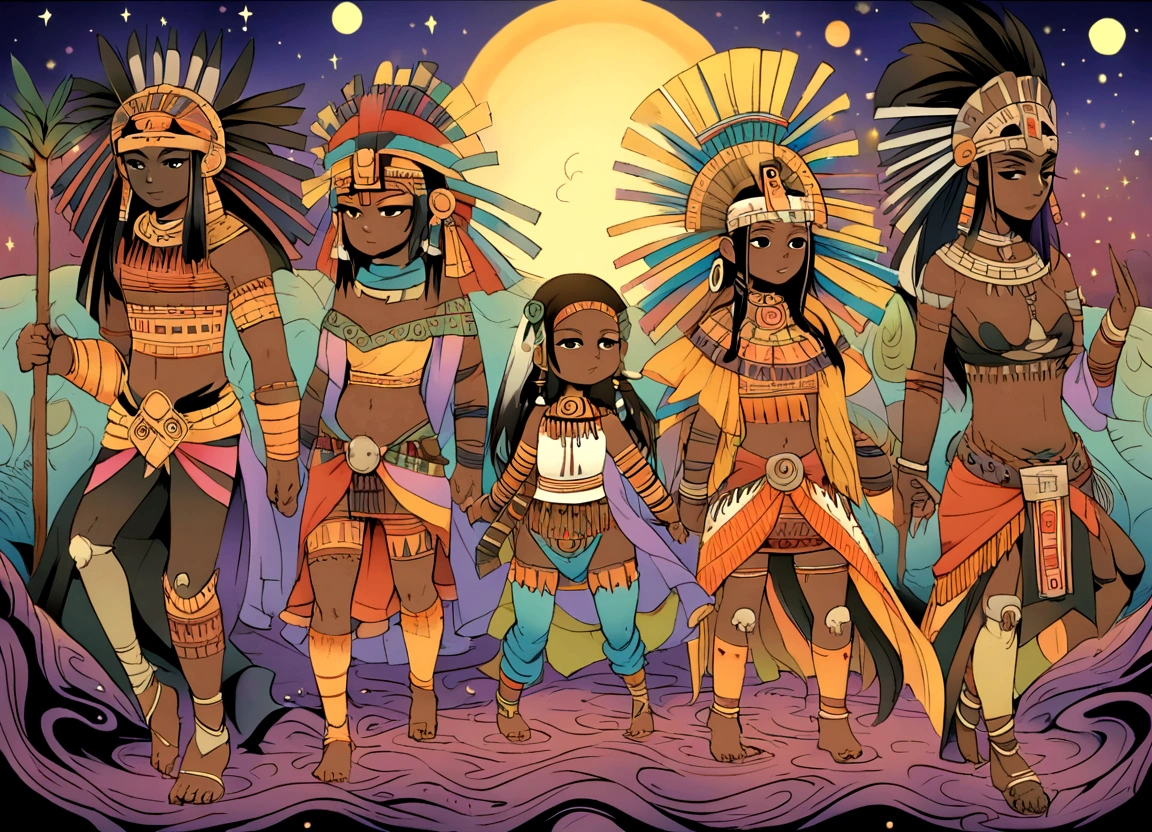Full body, yellow woman, Aztec warrior with an elaborate hairstyle, black eyes, pastel details, midnight and dark purple makeup, in a whimsical and surreal art style with dark fantasy themes and dramatic lighting effects. Typical characters of inhabitants of the American continent Mayans Aztecs Incas, between the years 1400 to 1455, the characters must wear clothes according to their uses and cuts, developing an activity, HD, full of colors.