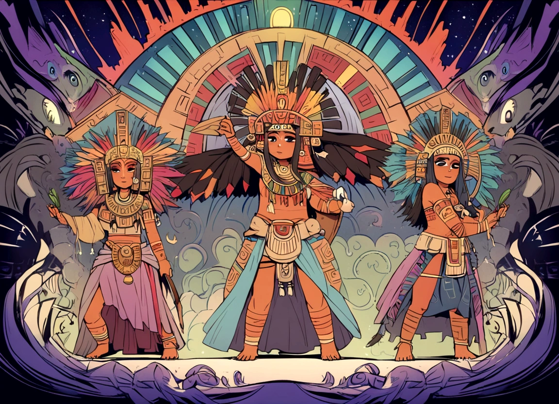Full body, yellow woman, Aztec warrior with an elaborate hairstyle, black eyes, pastel details, midnight and dark purple makeup, in a whimsical and surreal art style with dark fantasy themes and dramatic lighting effects. Typical characters of inhabitants of the American continent Mayans Aztecs Incas, between the years 1400 to 1455, the characters must wear clothes according to their uses and cuts, developing an activity, HD, full of colors.
