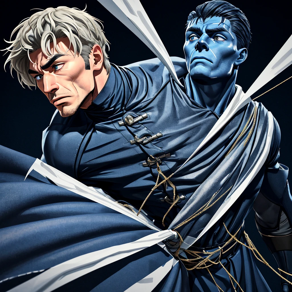 A full-body 3D male realistic model, wearing a full-body hero suit and cape in the pattern of a professional baseball uniform, a very short-haired, crew-cut, cool, dandy-looking, veteran-aged man with a shiny, sparkling blue cape that is longer than his body, gloves and a cap are always worn, an original hero, only the eyebrows, eyelashes and eyes are visible, his mouth is bandaged and sealed, the upper half of his face is bare with a sharp look in his eyes, he has six-pack abs, a muscular macho man with a sturdy body and a cool look, his legs are closed, his hands are clasped behind his back in an X shape, his whole body is bound and sealed with duct tape and he is held down. He has collapsed from exhaustion and is sleeping with his eyes closed. A coat of arms, in a dark room as the background, his whole body facing forward, backward, left and right (north, south, east and west), an image of him being restrained and mummified.