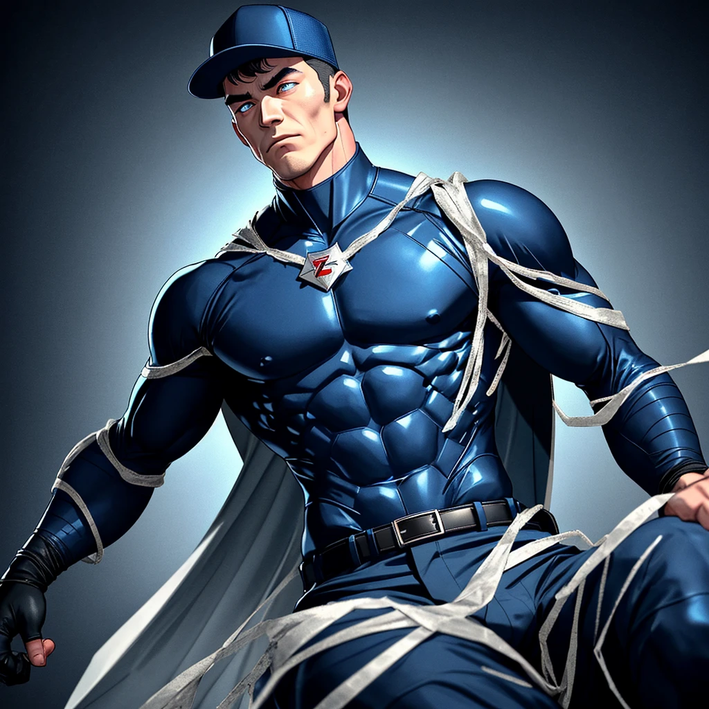 A full-body 3D male realistic model, wearing a full-body hero suit and cape in the pattern of a professional baseball uniform, a very short-haired, crew-cut, cool, dandy-looking, veteran-aged man with a shiny, sparkling blue cape that is longer than his body, gloves and a cap are always worn, an original hero, only the eyebrows, eyelashes and eyes are visible, his mouth is bandaged and sealed, the upper half of his face is bare with a sharp look in his eyes, he has six-pack abs, a muscular macho man with a sturdy body and a cool look, his legs are closed, his hands are clasped behind his back in an X shape, his whole body is bound and sealed with duct tape and he is held down. He has collapsed from exhaustion and is sleeping with his eyes closed. A coat of arms, in a dark room as the background, his whole body facing forward, backward, left and right (north, south, east and west), an image of him being restrained and mummified.