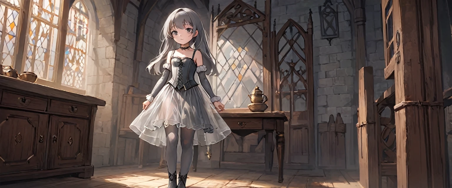 8 year old medieval girl, underwear姿、Translucent knee-length drawers（underwear）Wearing、Wearing a semi-transparent corset、Translucent slip, Grey translucent tights