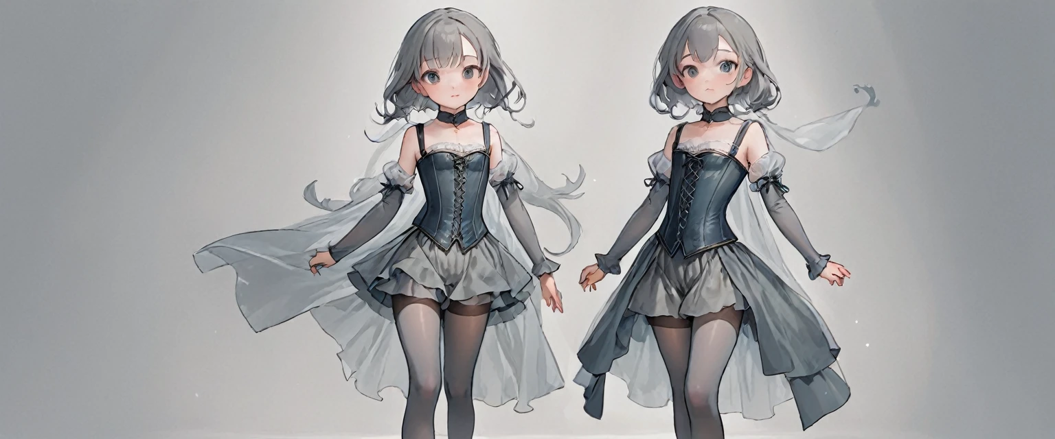 8  medieval girl, In underwear、Knee-length semi-transparent bloomers（Drawers）Wearing、Wearing a semi-transparent corset、Translucent slip, Grey translucent tights