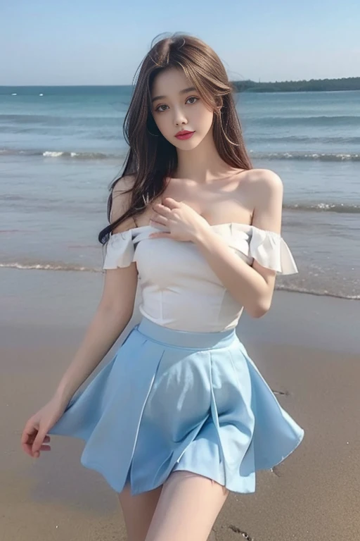 Off-shoulder dress,bow, dress,White stockings,Blue Ribbon,, beauty, beauty的女人，Have a perfect body：1.4，Layered Hairstyle，((Large Breasts)), ((D cup)), Visible cleavage，Bare shoulders, Highly detailed face and skin texture，Double eyelids，Skin Whitening，Long hair，Whitening long legs，Standing by the sea, Fashion Girl, Red lips, Sweet Girl, beauty的妆容, detail, lifelike, Very detailed, Astonishing, beauty的, Young and energetic, high quality，HD, Colorful，Beautifully, Smooth skin, The skirt is very short, Lifting the skirt with hands, Elegant and charming gesture, Official Art, Extremely detailed, Atmosphere, Soft colors, Natural skin texture,