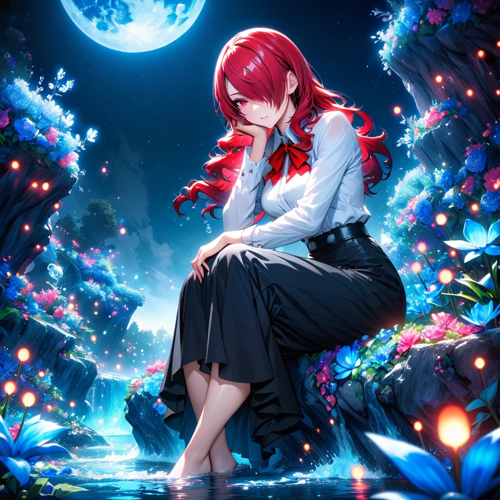 absurdres, highres, ultra detailed, HDR, masterpiece, Kirijo Mitsuru, long red hair, hair over the left eye, expressive red eyes, Persona 3, solo, woman sitting, beautiful, white shirt, red ribbon, black skirt, magical, fantasy, water, blue moon, starry, blue fireflies, blue flowers