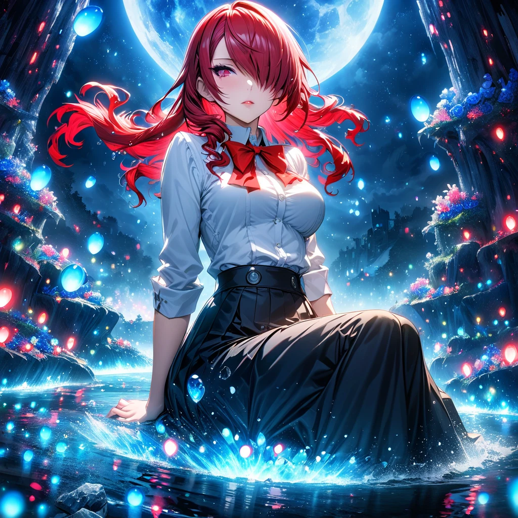 absurdres, highres, ultra detailed, HDR, masterpiece, Kirijo Mitsuru, long red hair, hair over the left eye, expressive red eyes, Persona 3, solo, woman sitting, beautiful, white shirt, red ribbon, black skirt, magical, fantasy, water, blue moon, starry, blue fireflies, blue flowers